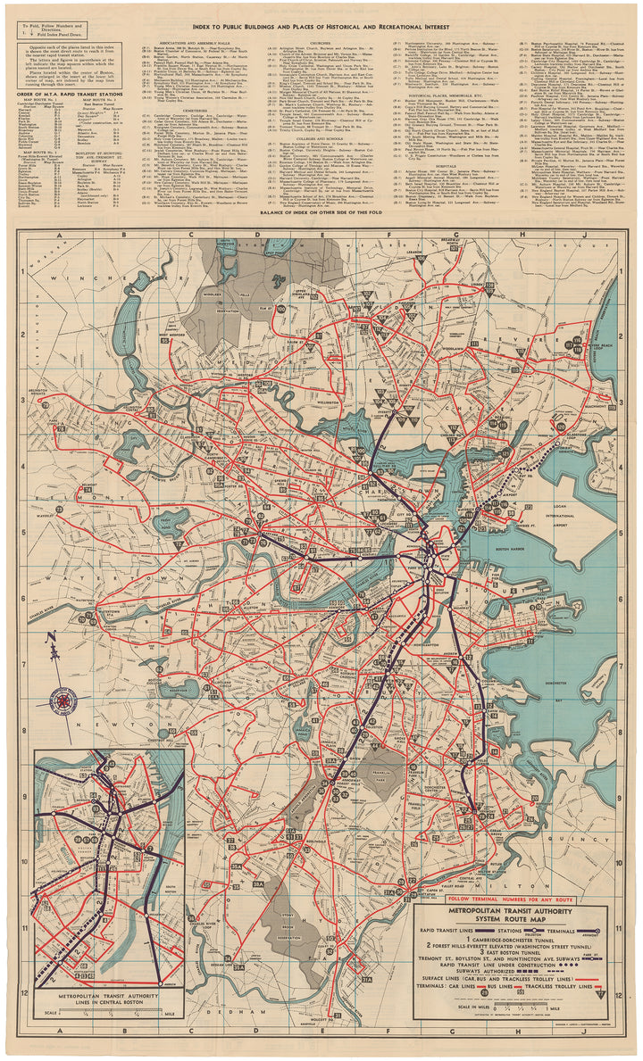 Boston, Massachusetts MTA System Route Map #1 1949