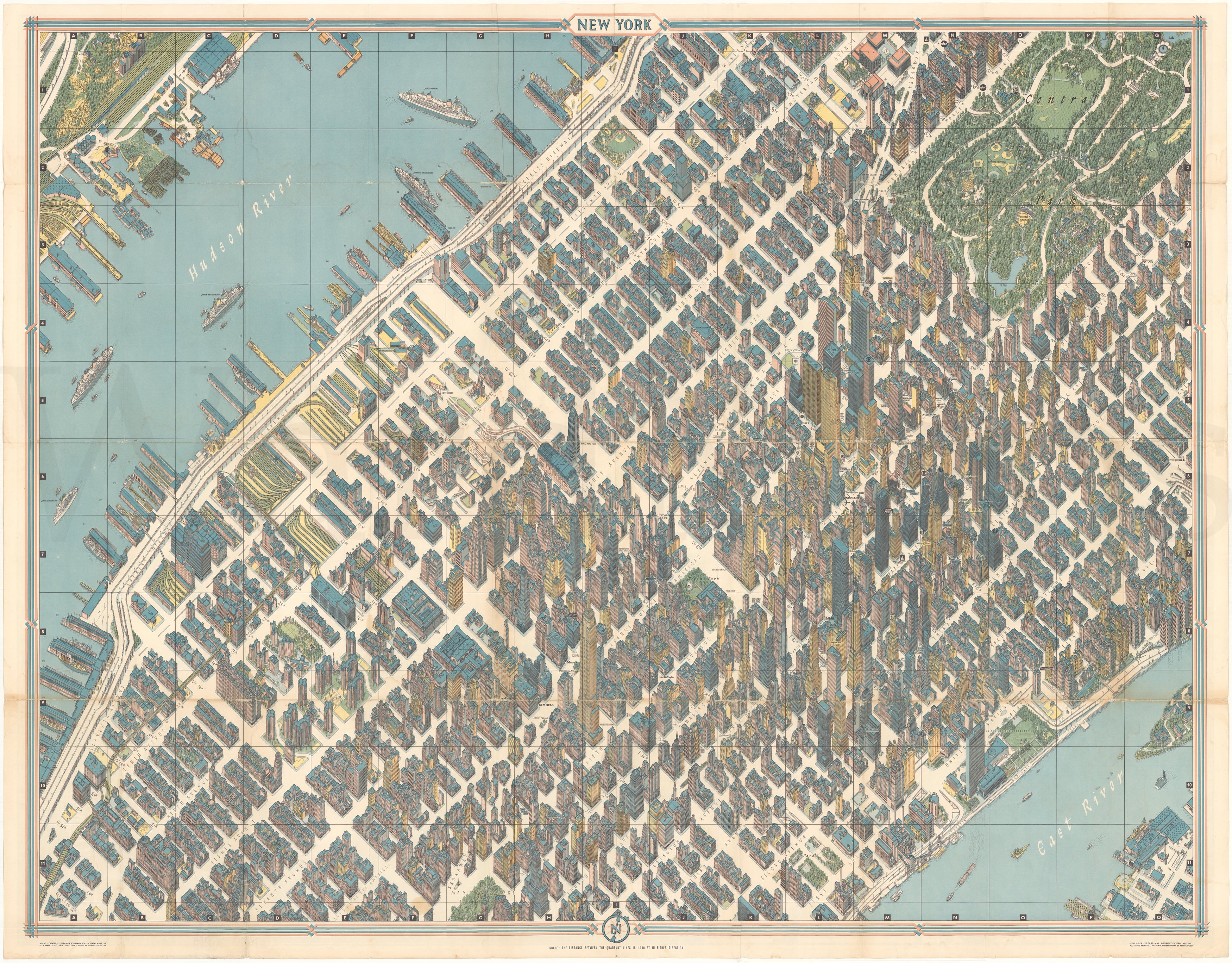Manhattan, New York Bird's Eye View Axonometric Circa 1963