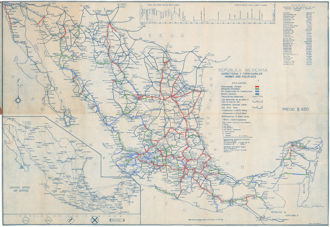 Mexico 1947-48: Hand-Colored Roads and Railroads Map