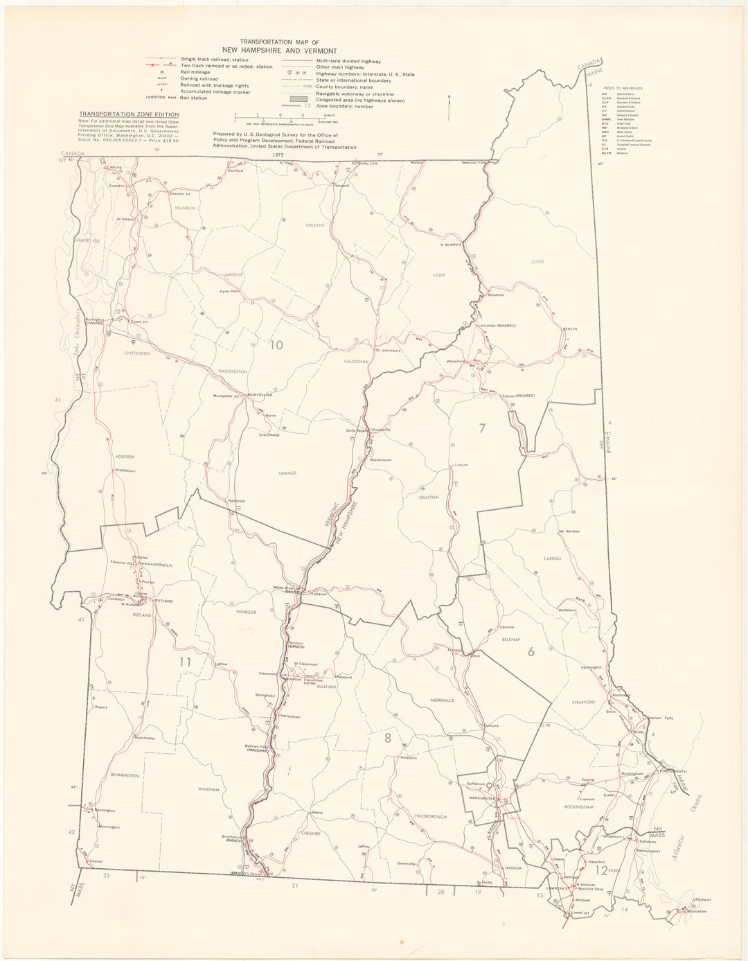 New Hampshire and Vermont Transportation Map 1975: Zone Edition
