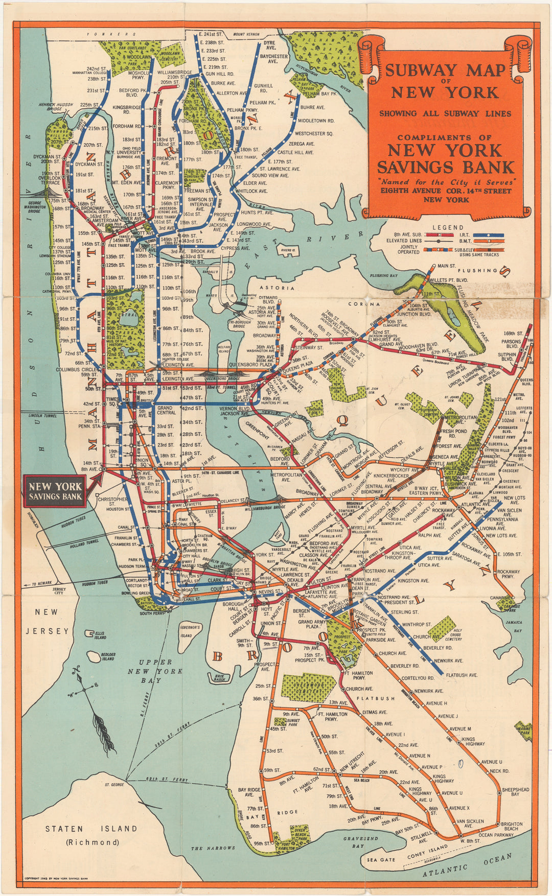 New York City Subway Map 1943 (NY Savings Bank)