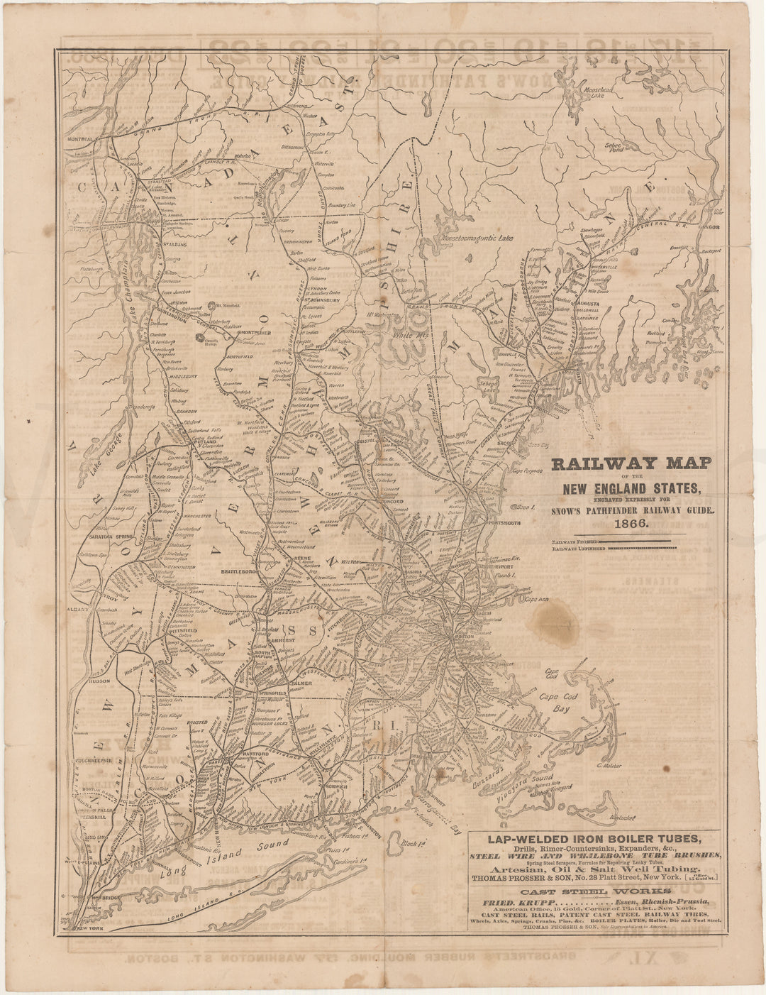 Railway Map of the New England States 1866 (Snow's Pathfinder)