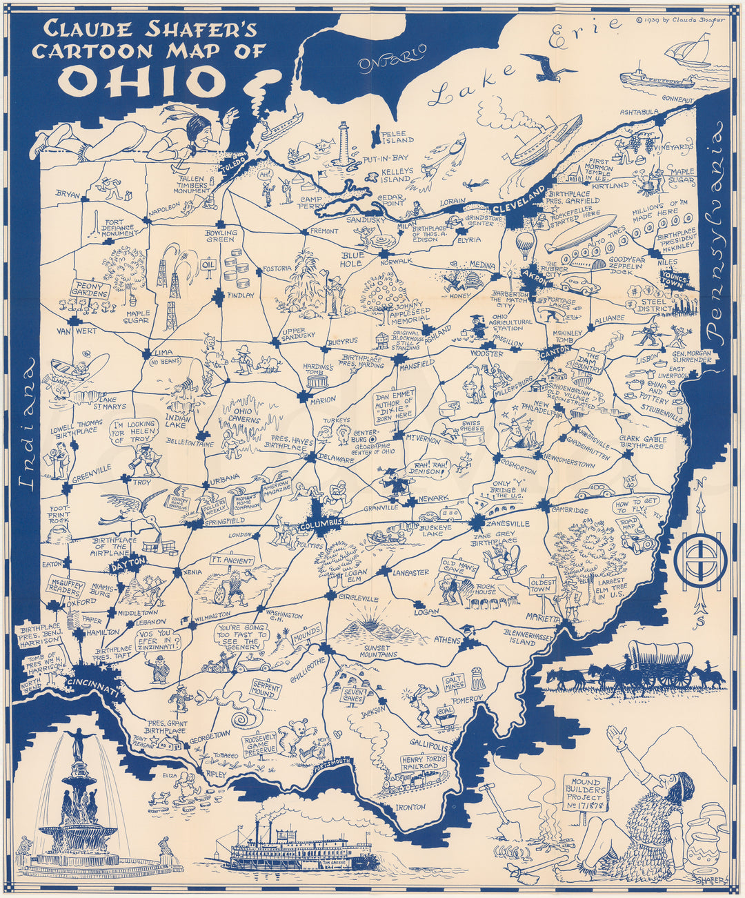 Ohio 1939 "Claude Shafer's Cartoon Map"