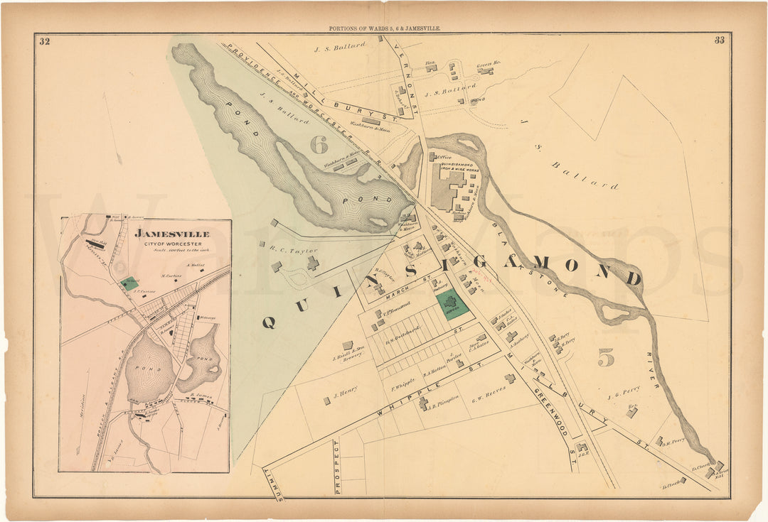 Worcester, Massachusetts 1870: Page(s) 32-33 Quinsigamond