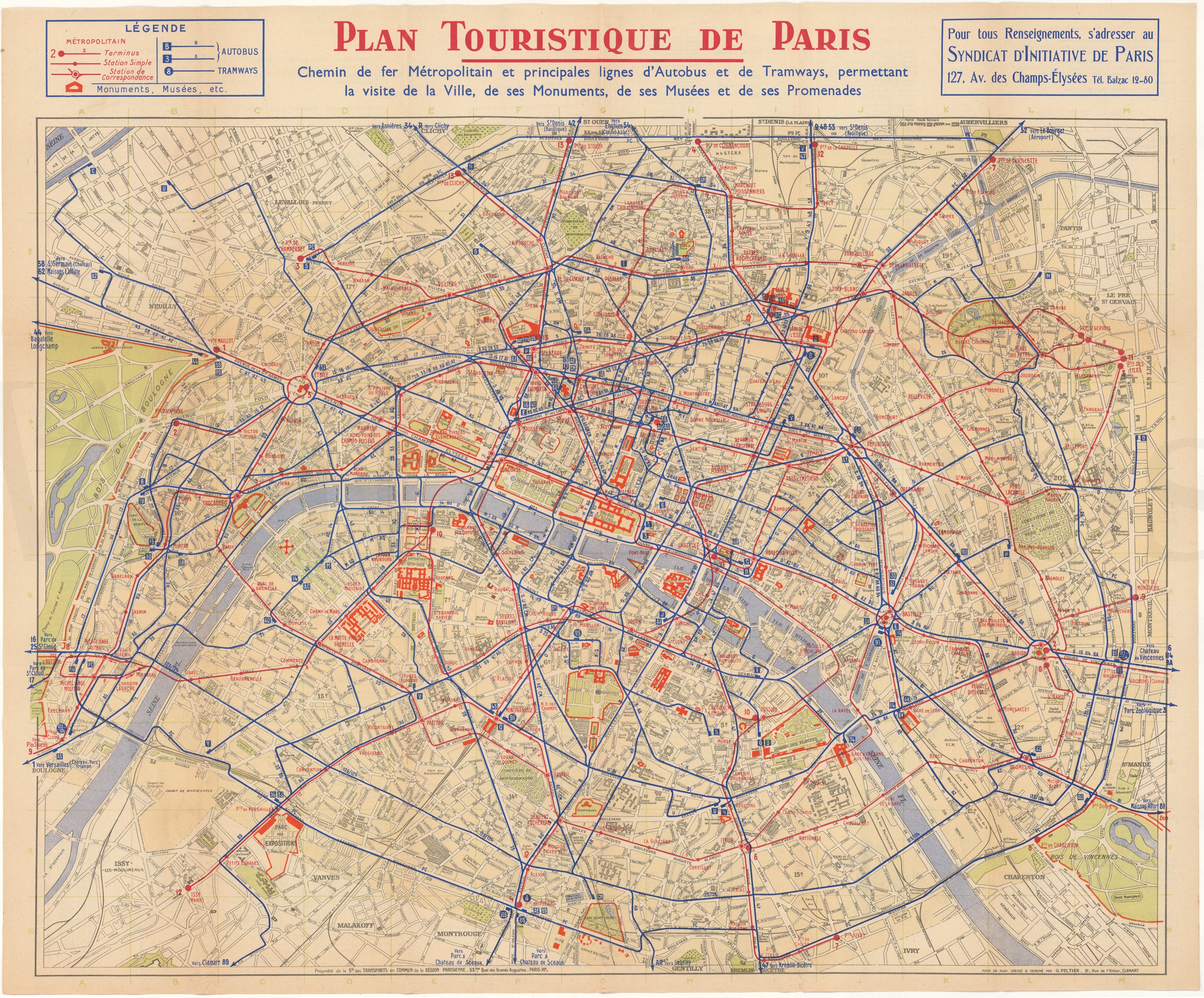 Paris, France "Touristique" Transit Map Circa 1930s: Metro, Bus, Tram
