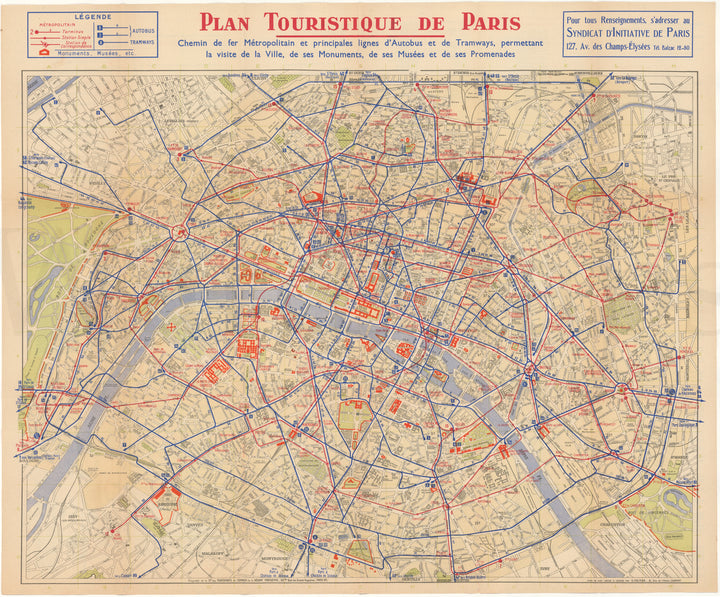 Paris, France 1930s: Transit Map (Metro, Bus, Tram)