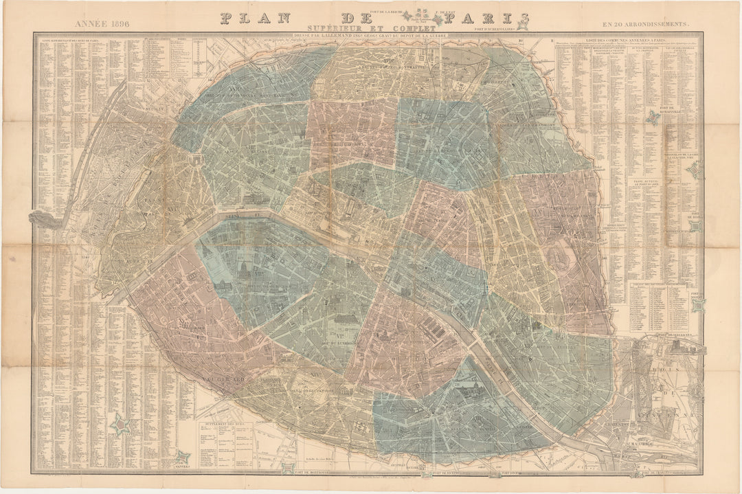 Paris, France 1896 "Plan de Paris Superieur et Complet en 20 Arrondissements"
