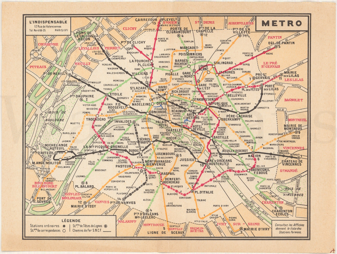 Paris, France 1960: Metro Map