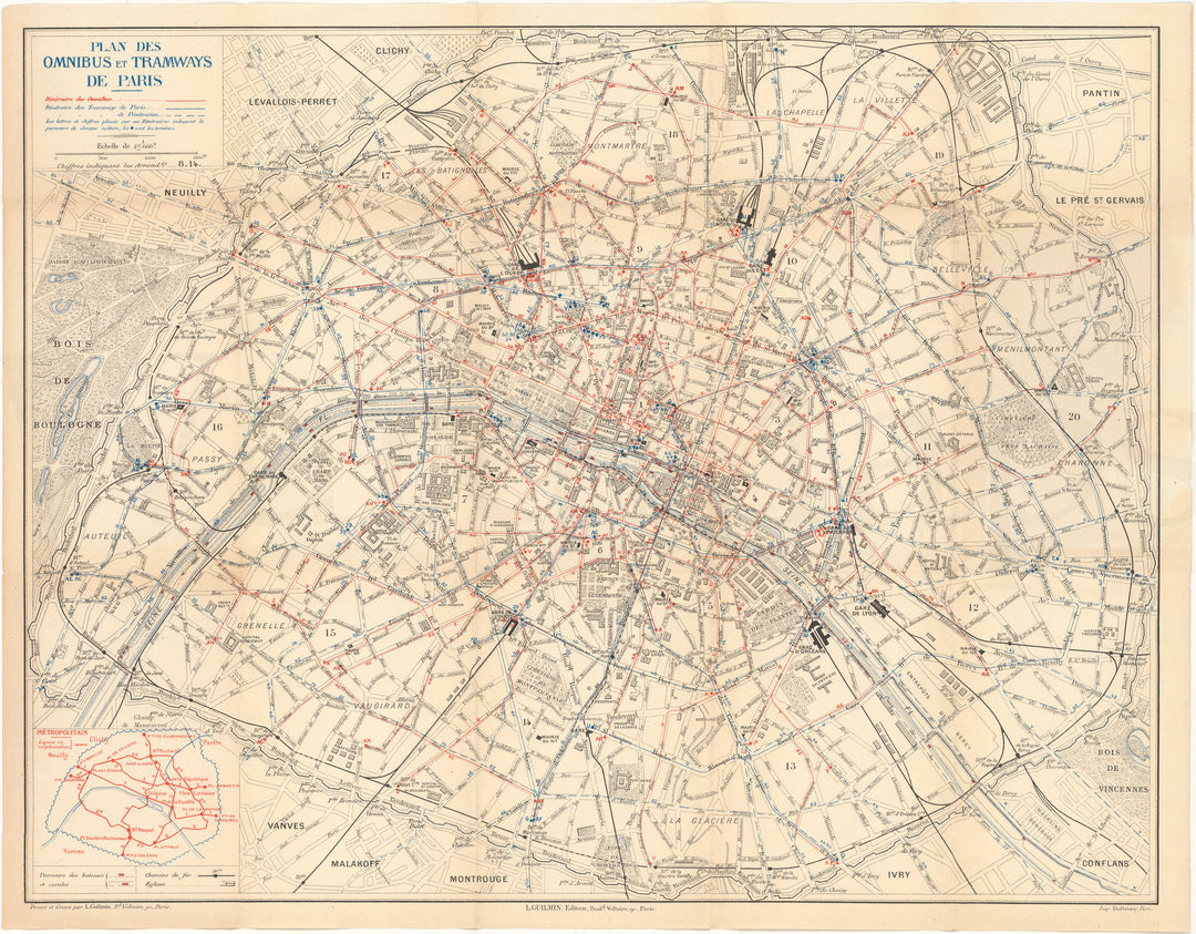 Paris, France 1910-1920: Transit Map (Omnibuses and Tramways)