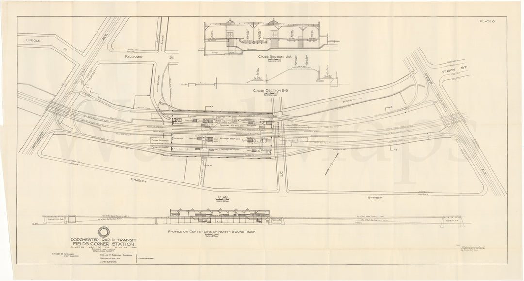 BTD Report 1927 Plate 08: Fields Corner Station Plan and Sections, Dorchester, Massachusetts