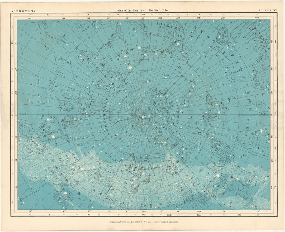 Astronomy c1910 Plate 15: Star Map No. 5 The North Pole