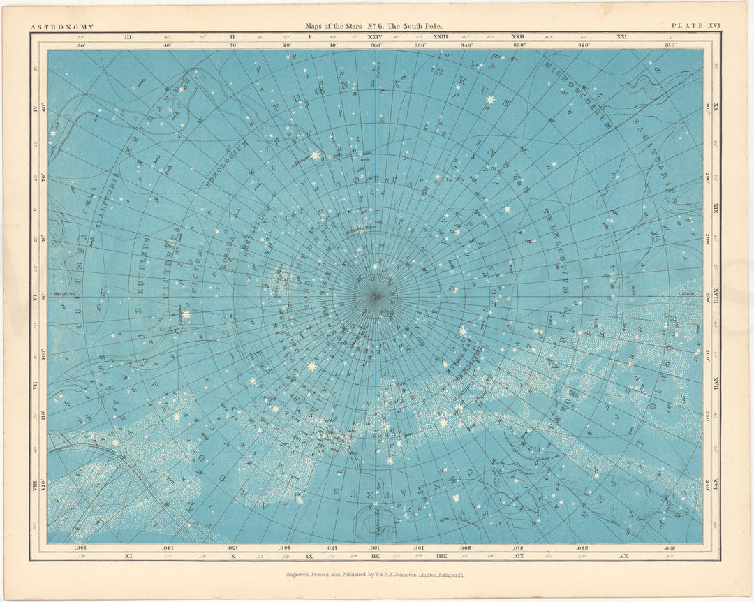 Astronomy c1910 Plate 16: Star Map No. 6 The South Pole