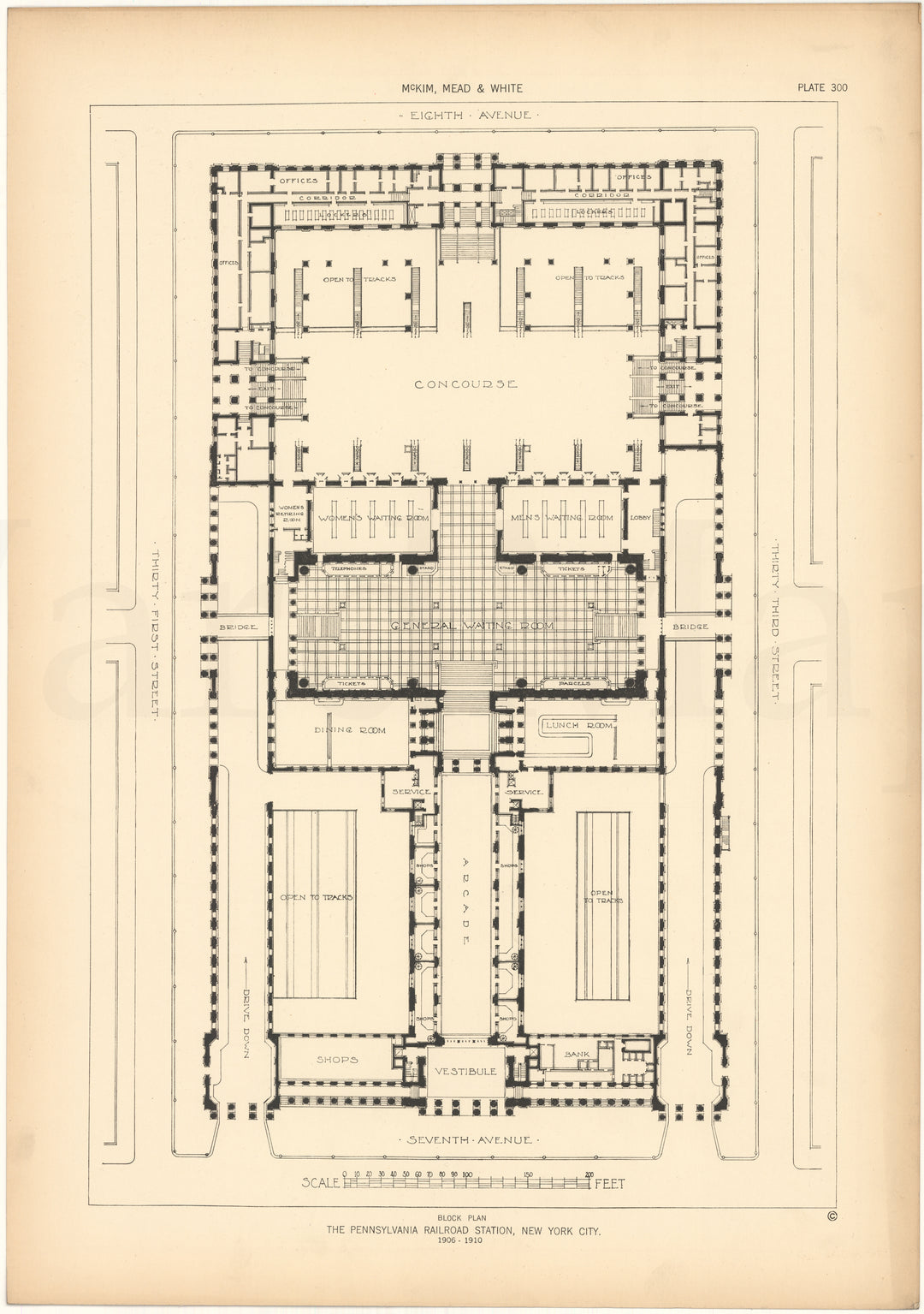 McKim, Mead & White Plate 300: Pennsylvania Station Plan, New York, NY 1906-1910