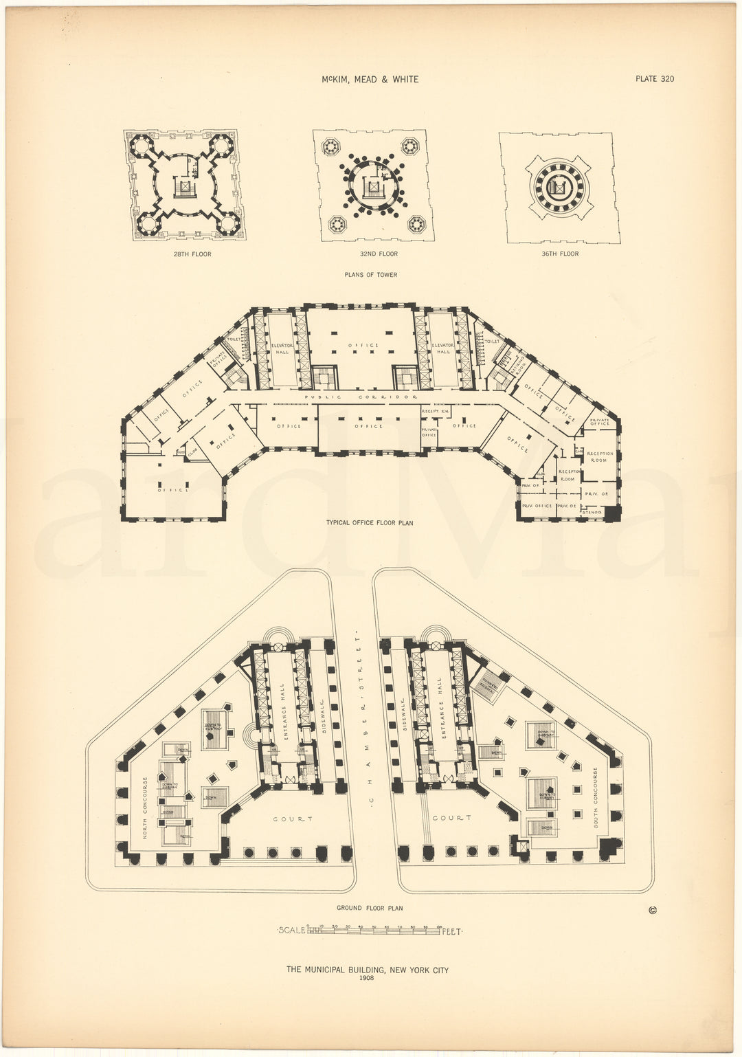 McKim, Mead & White Plate 320: Municipal Building Plans, New York, NY 1908