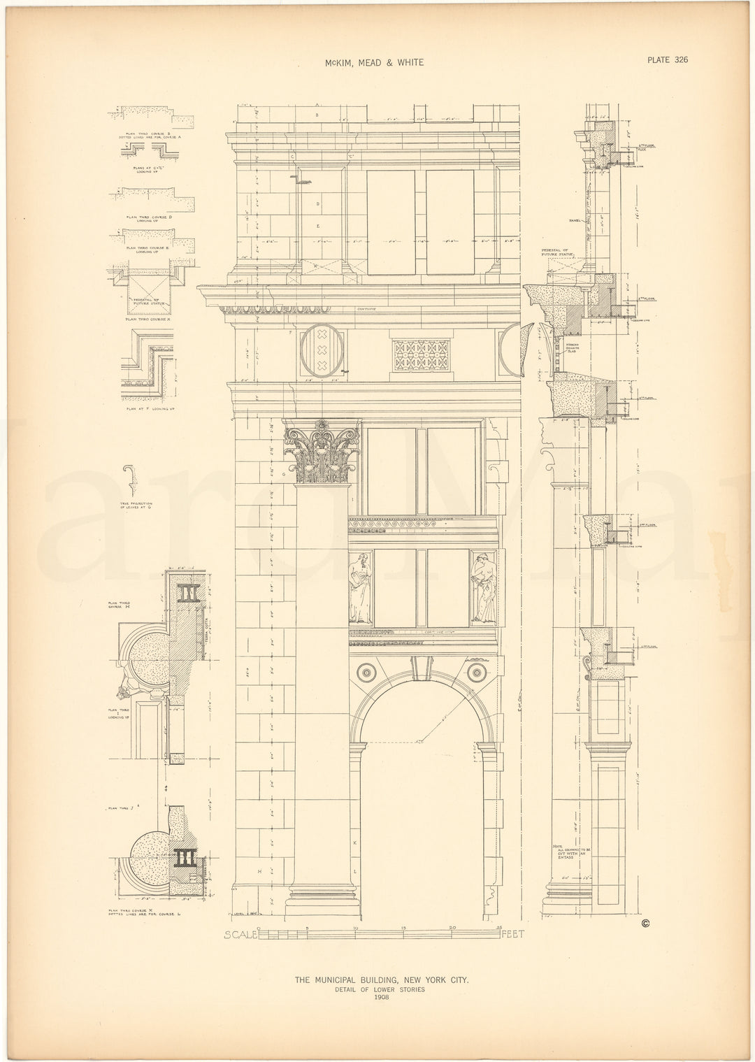 McKim, Mead & White Plate 326: Municipal Building Lower Story Details, New York, NY 1908