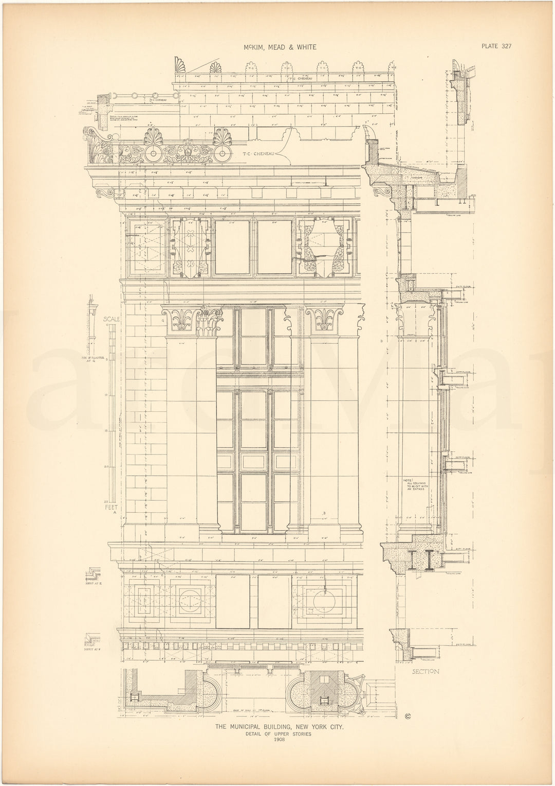 McKim, Mead & White Plate 327: Municipal Building Upper Story Details, New York, NY 1908