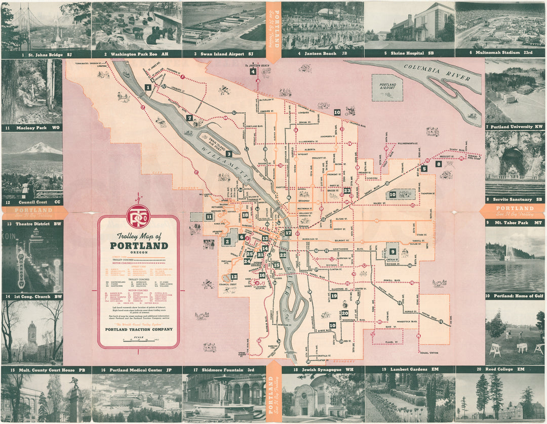 Portland Traction Co. (Oregon) Trolley Map Circa 1940s