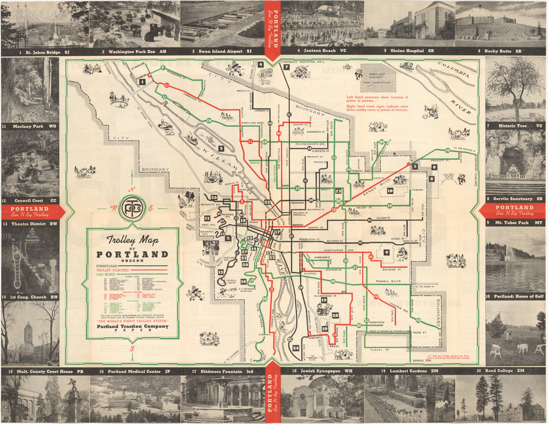 Portland Traction Co. (Oregon) Trolley Map Circa 1930s