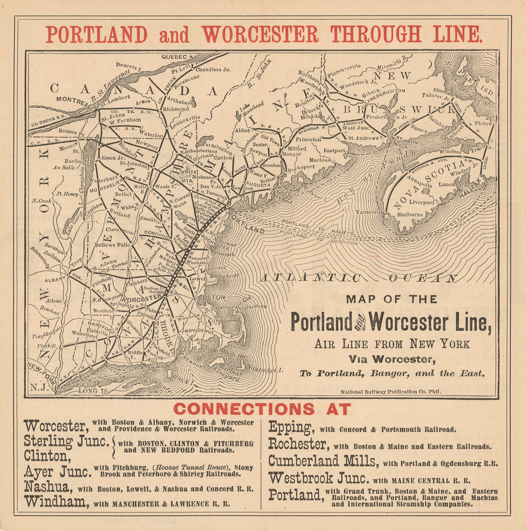 Portland & Worcester Line Railroad Timetable July 1, 1878 (Map)