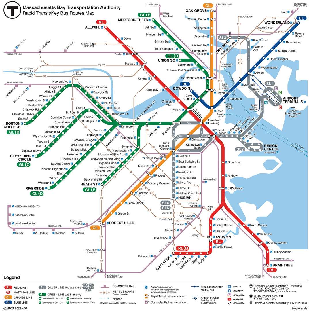 2022 MBTA Rapid Transit / Key Bus Routes Map with GLX (Nov. 2022)
