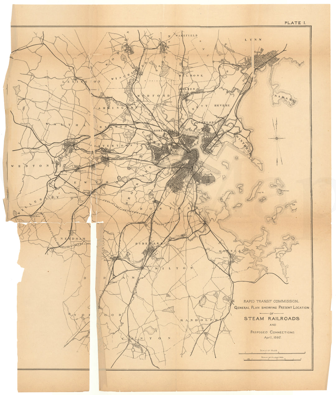 RTC Report 1892 Plate 01: Present Steam Railroads and Proposed Connections, Boston, Massachusetts