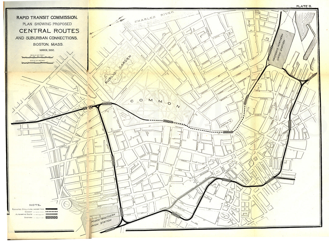 RTC Report 1892 Plate 02: Proposed Central Routes and Suburban Connections, Boston, Massachusetts