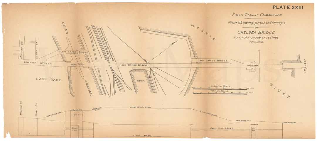 RTC Report 1892 Plate 23: Proposed Changes of Chelsea Bridge, Charlestown, Massachusetts