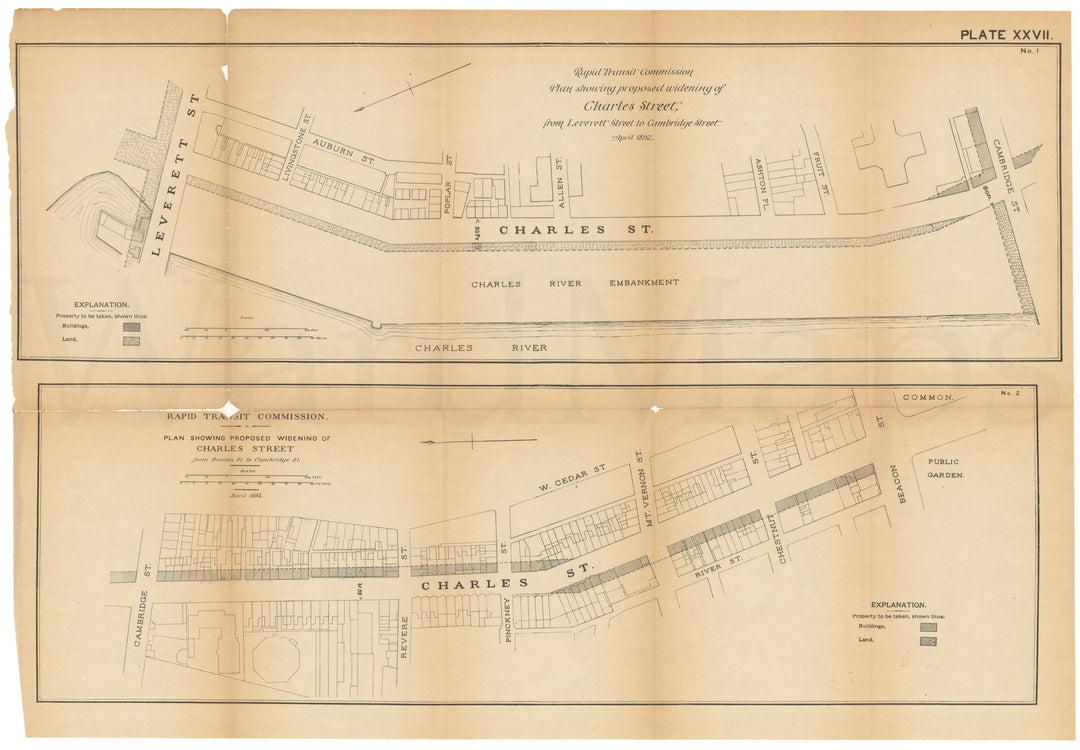 RTC Report 1892 Plate 27: Proposed Charles Street Widenings in Boston, Massachusetts