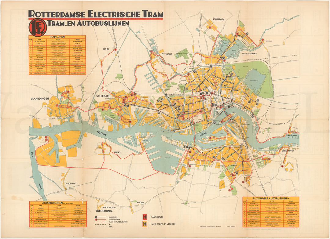 Rotterdam, Netherlands RET Transit System Map 1951 (Side A)