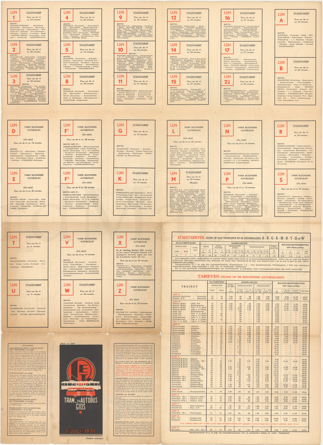 Rotterdam, Netherlands RET Transit System Map 1951 (Side B)