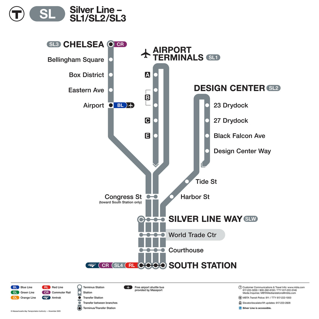 2025 MBTA Silver Line Map (Station Wall Panel Format): World Trade Center Station