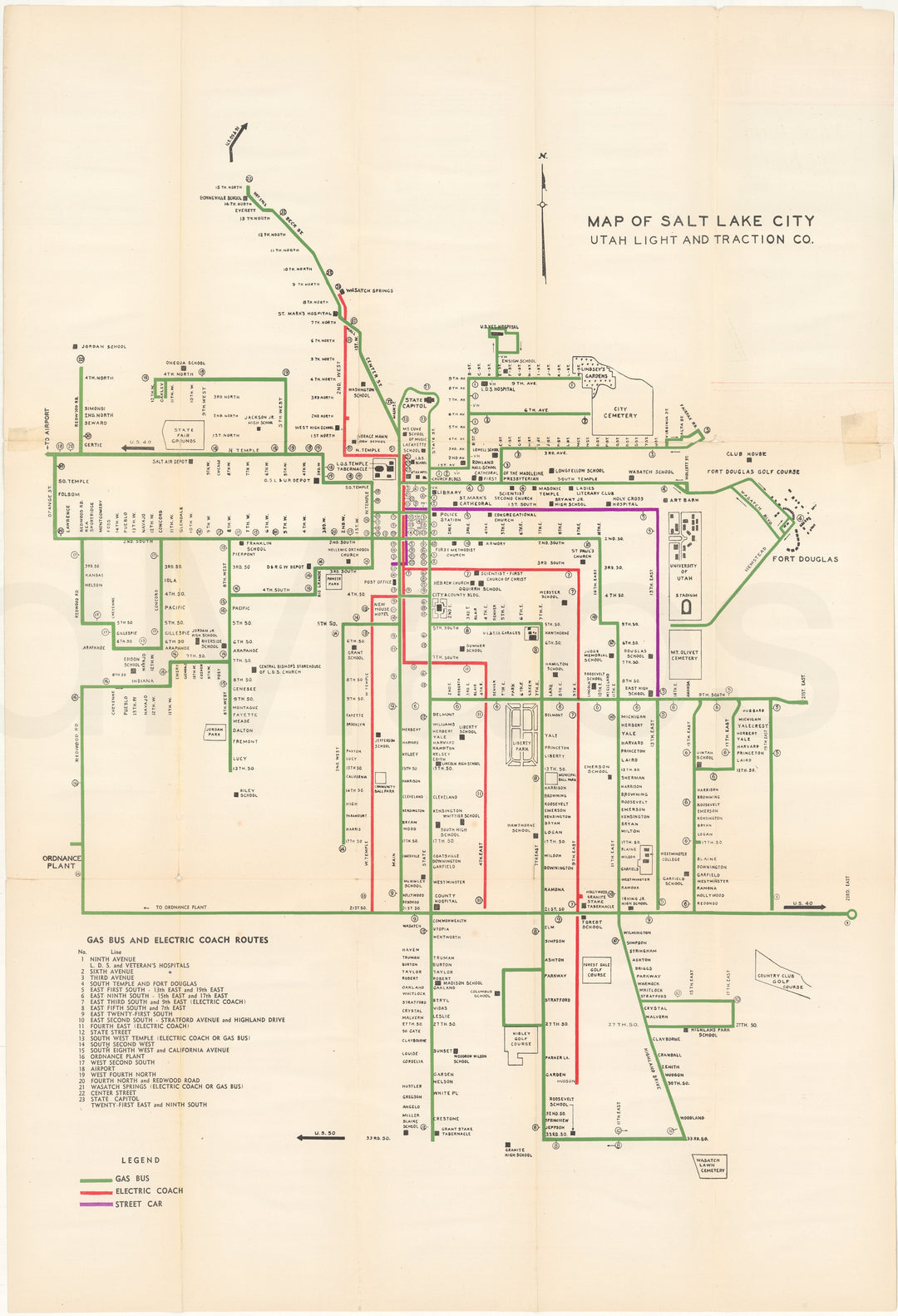 Salt Lake City Utah Light and Traction Co. Gas Bus, Electric Coach and Streetcar Routes 1943
