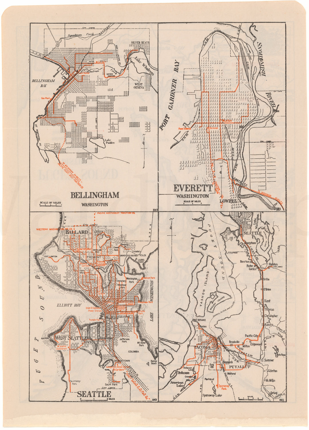 Bellingham, Everett, Seattle, and Tacoma, Washington 1913: Streetcar Lines
