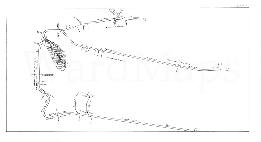 BERy Track Milage Map 1946 Plate 12: Brighton, Cambridge, and Watertown, Massachusetts