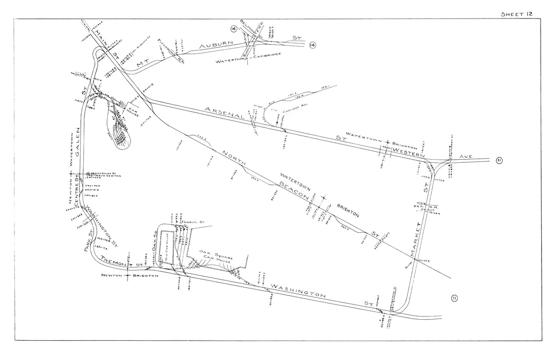 BERy Track Milage Map 1915 Plate 12: Brighton, Cambridge, and Watertown, Massachusetts