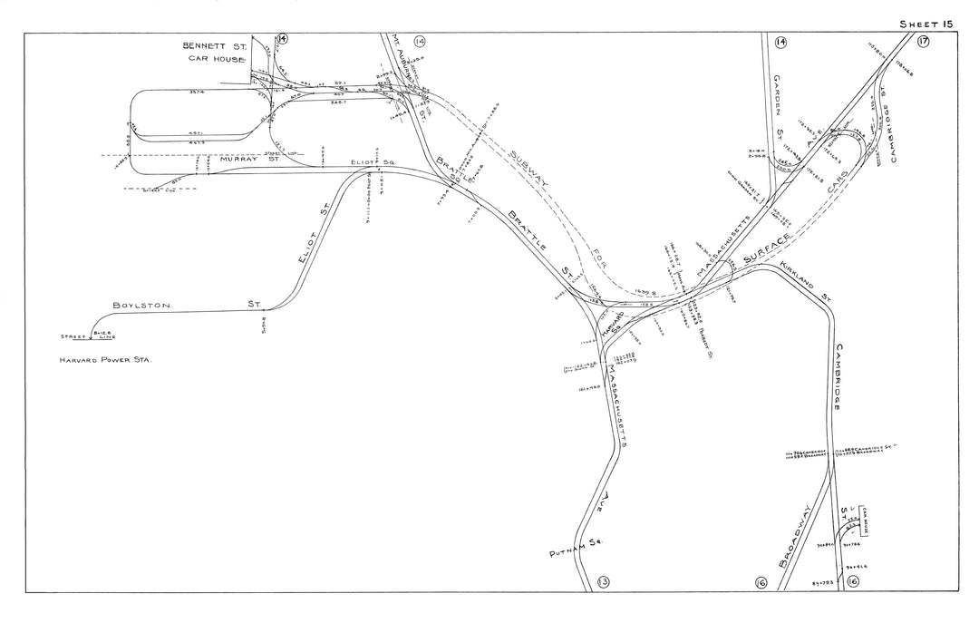 BERy Track Milage Map 1915 Plate 15: Cambridge, Massachusetts