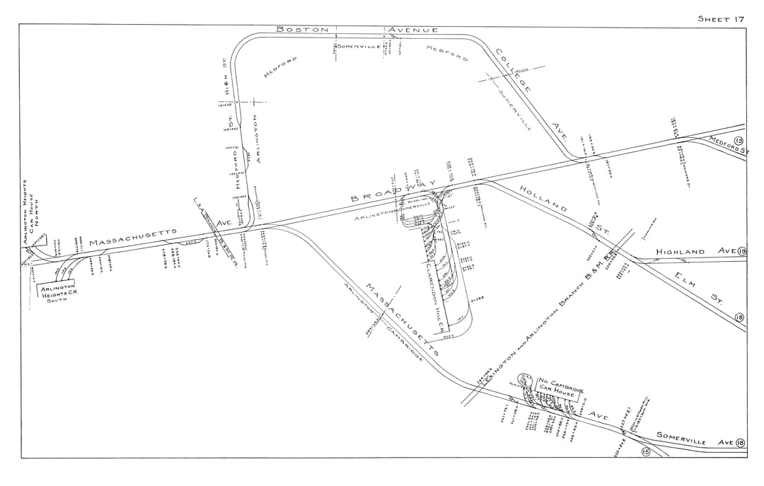 BERy Track Milage Map 1915 Plate 17: Arlington, Cambridge, Medford, and Somerville, Massachusetts