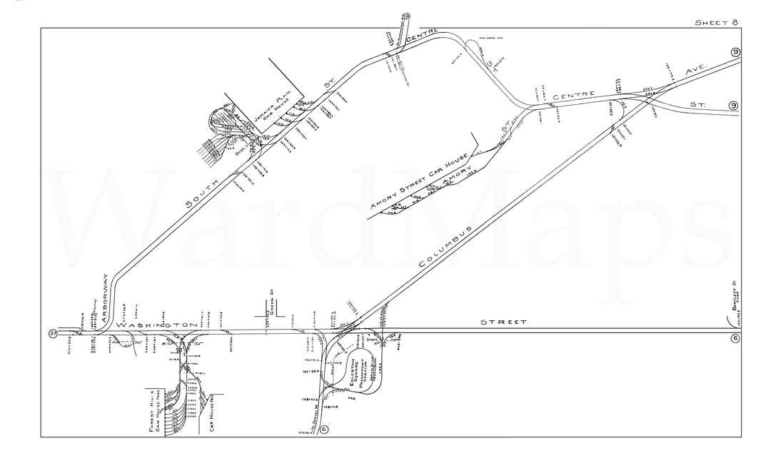 BERy Track Milage Map 1919 Plate 08: Jamaica Plain and Roxbury, Massachusetts