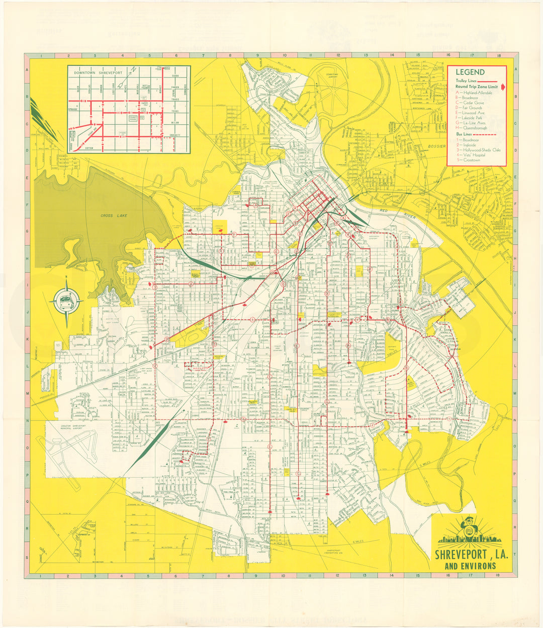 Shreveport, Louisiana Trolley Map and Street Guide 1960
