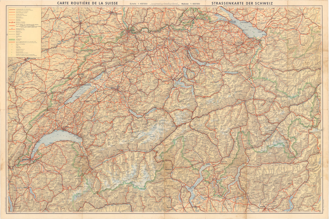 Switzerland Road Map Circa Mid-20th Century