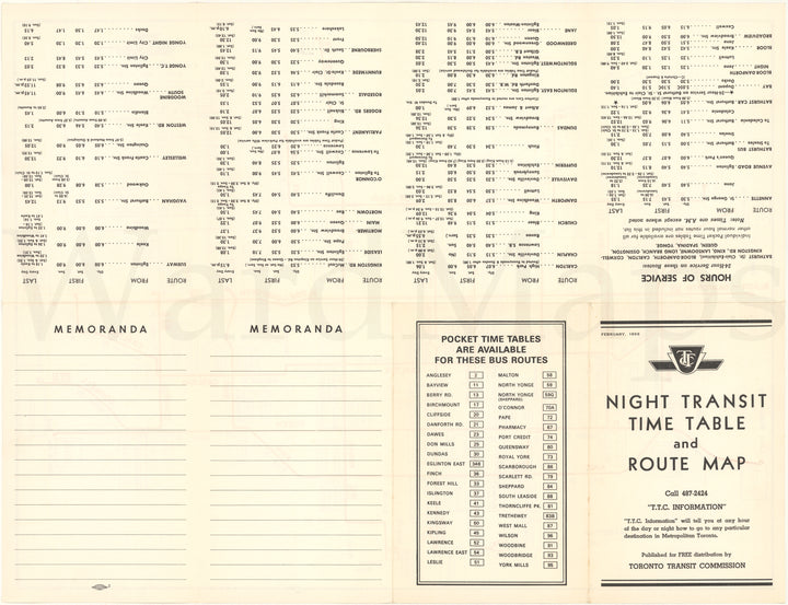 Toronto Transit Commission Night Routes 1966 February (Side A)