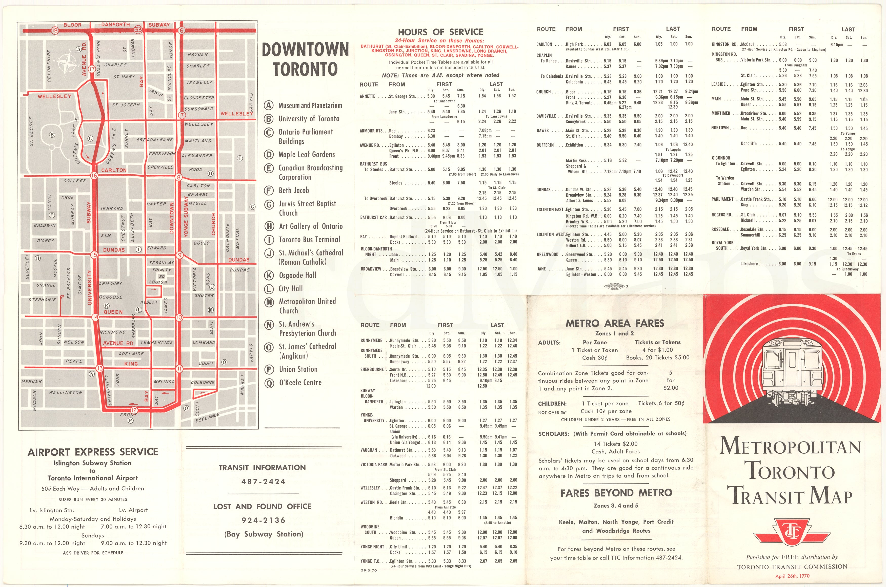 Toronto Transit Commission System Map 1970 April 26