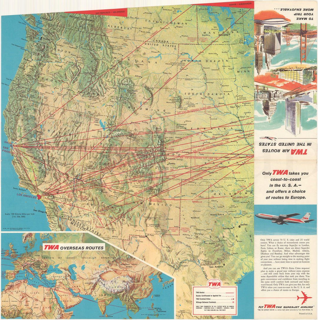 TWA Airline System Map 1962 (Side B - West USA)