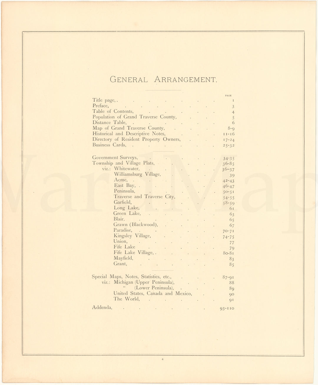 Grand Traverse County, Michigan 1895 Table of Contents