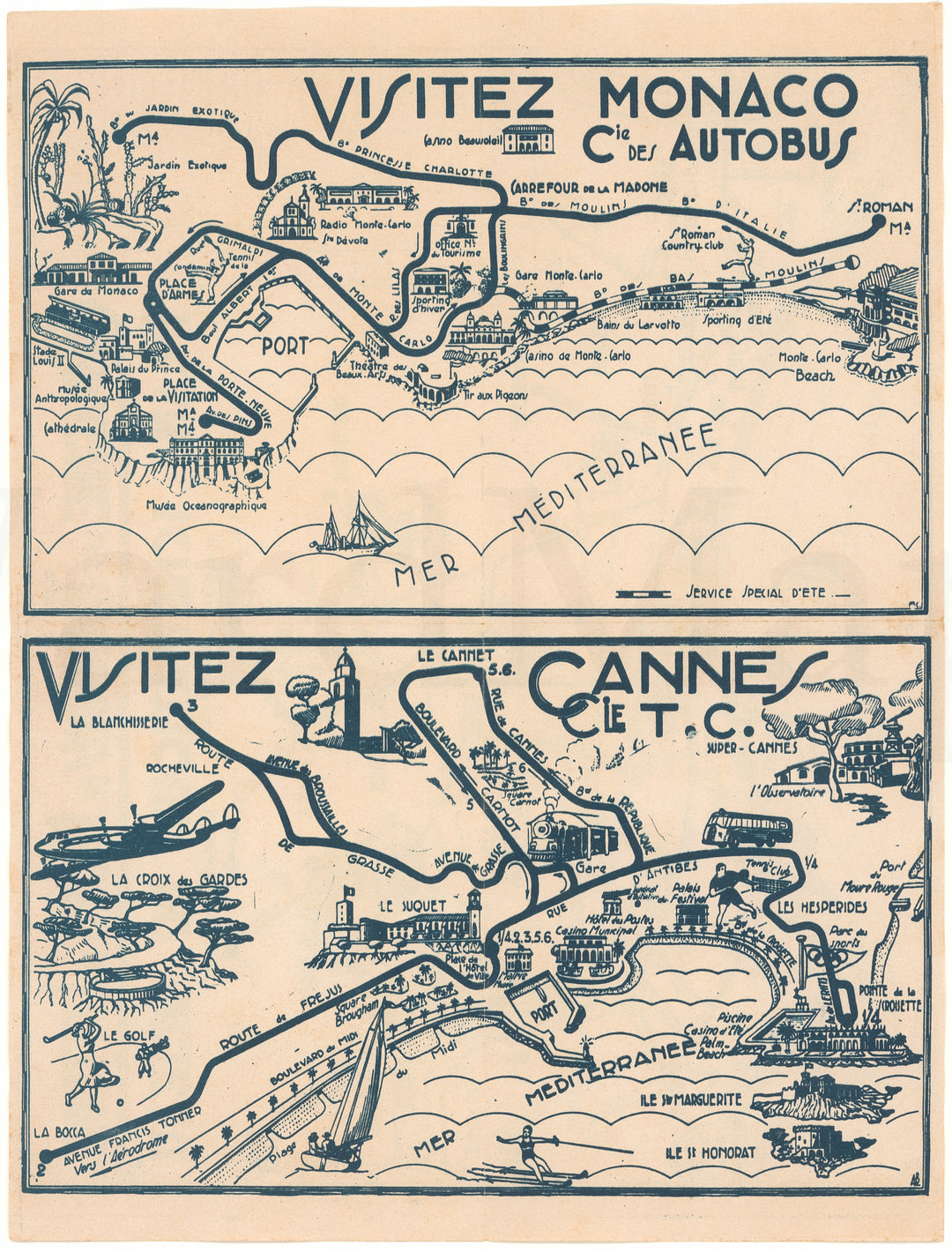 Cannes, France and Monaco Bus Maps Circa 1940s