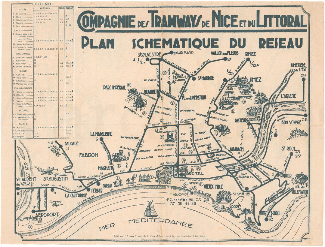 Nice, France: Tramways Map Circa 1940s