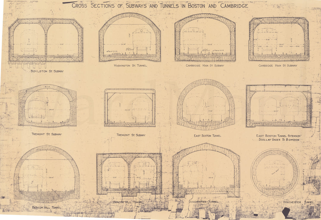 Cross Sections of Subways and Tunnels in Boston and Cambridge, Massachusetts Circa 1920