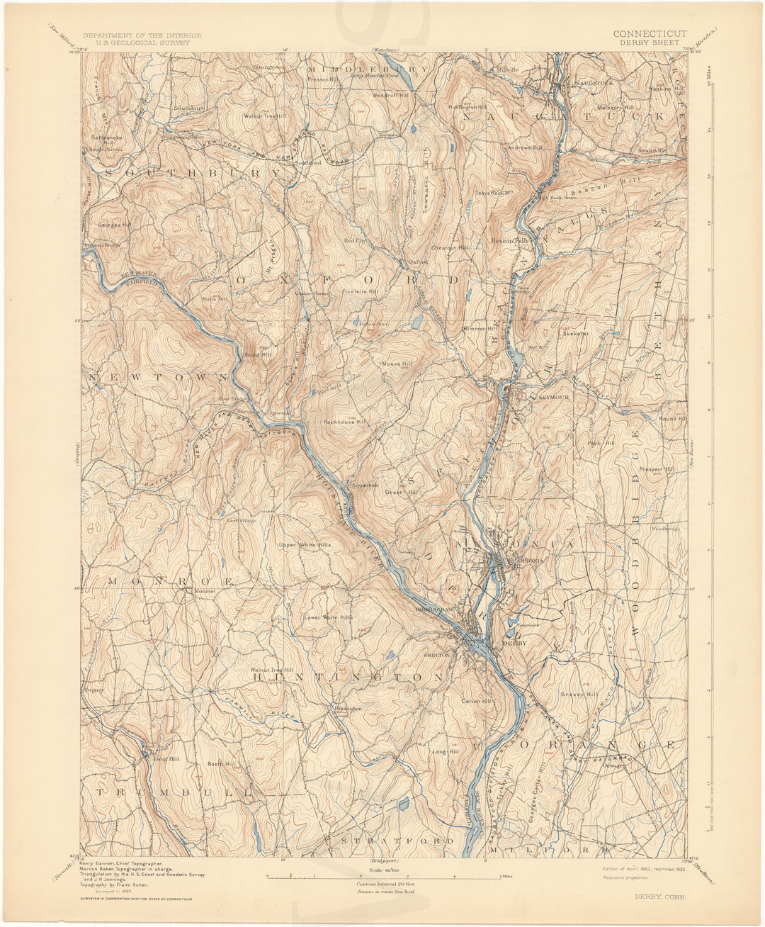 USGS Connecticut: Derby Sheet 1893 edition 1933 reprint