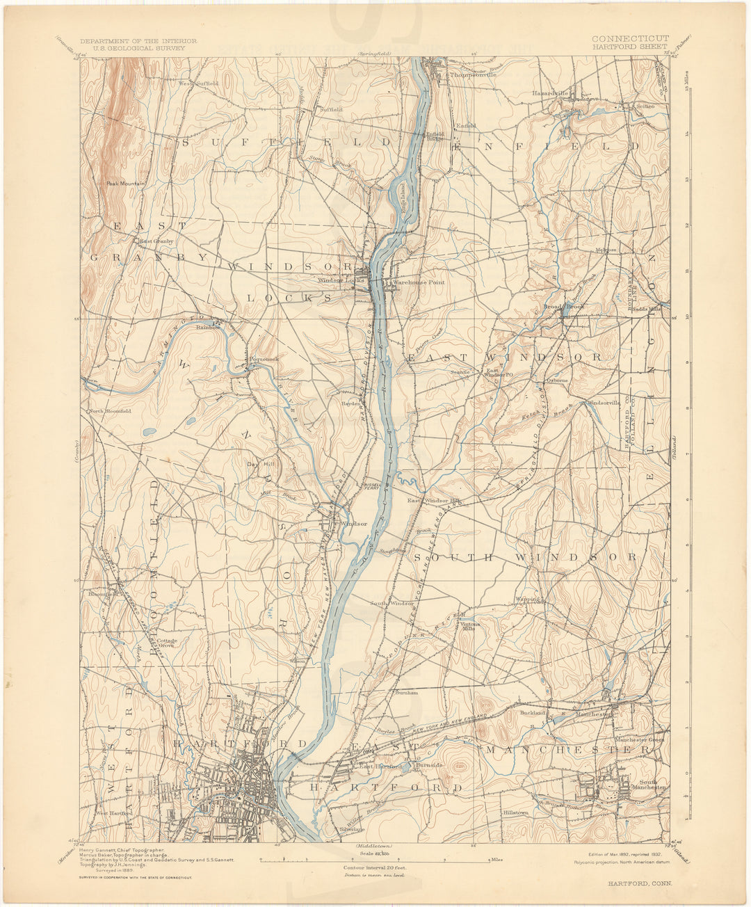 USGS Connecticut: Hartford Sheet 1892 edition 1932 reprint