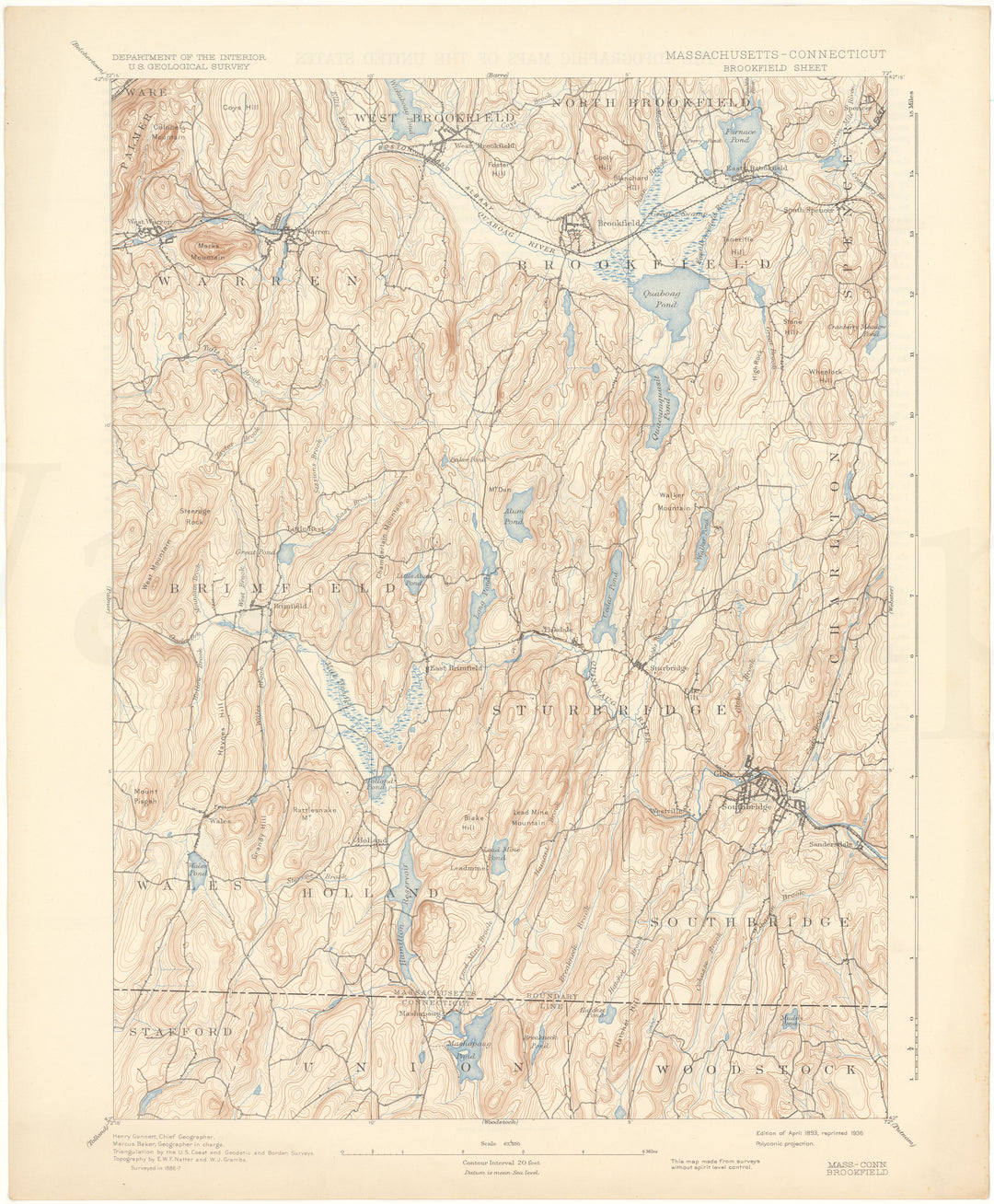 USGS Massachusetts and Connecticut: Brookfield Sheet 1893 (Reprinted 1936)